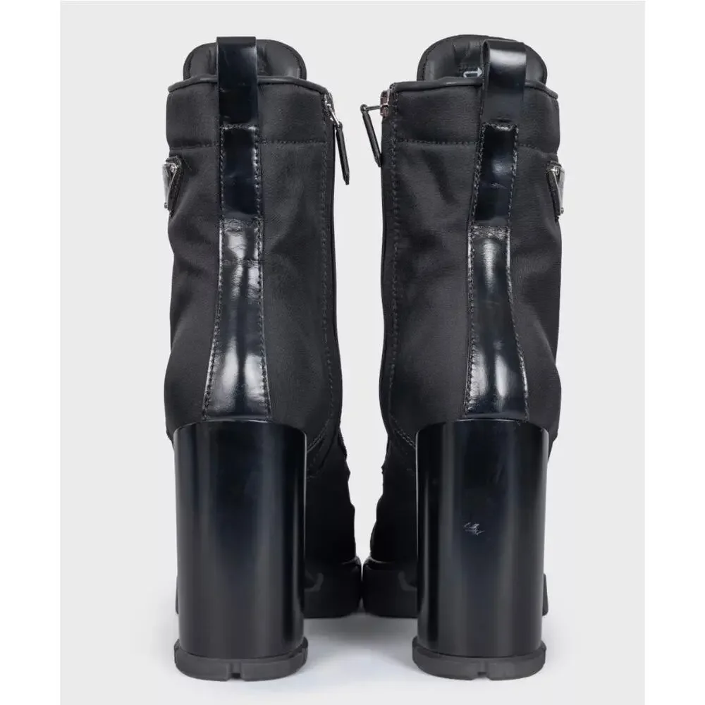 Prada Black Re-Nylon & Leather Ankle Boots Logo High Heel EU 38